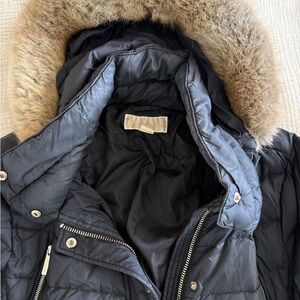 Michael Kors Women's Black Puffer Zip Knee-Length Jacket with Removable Hood